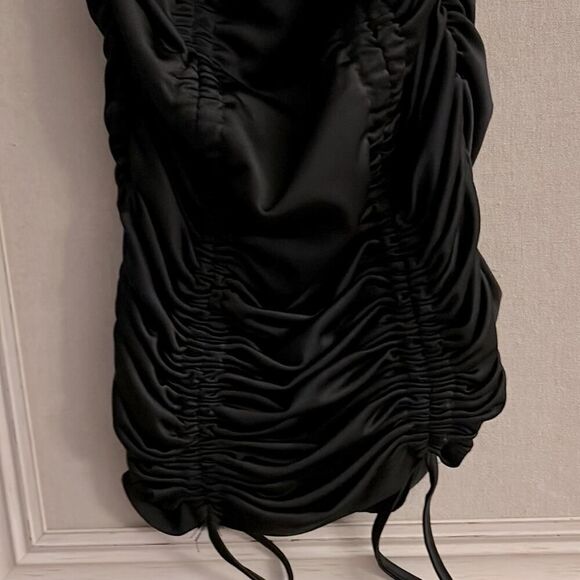 Black bodycon dress with shirred bust and ruched sides with ties- S - Picture 3 of 7